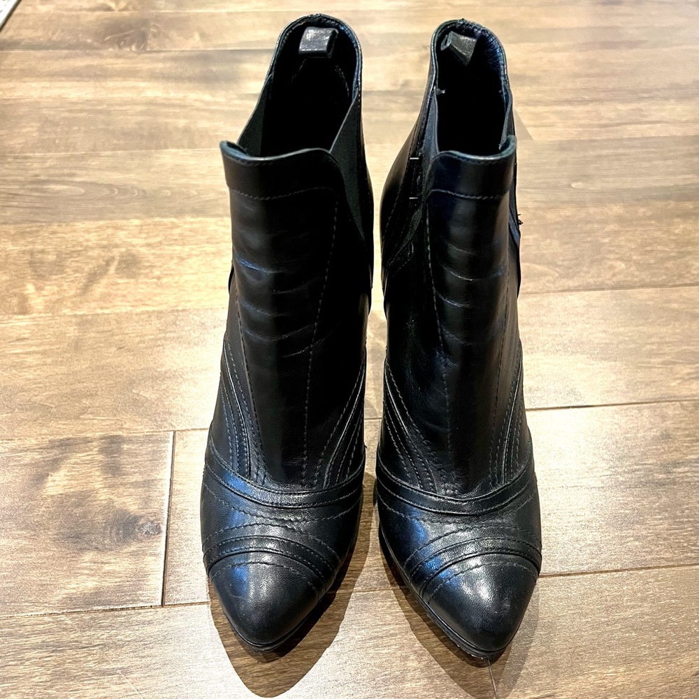 Prada Black Leather Platform Heeled Booties with Almond Toe 36.5